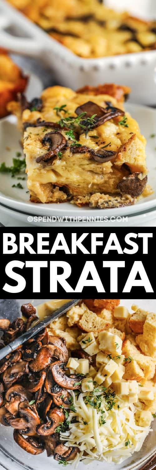 Hozzávalók a Gomba Brie Breakfast Strata elkészítéséhez egy üvegtálban, a címkével ellátott utolsó tálalással