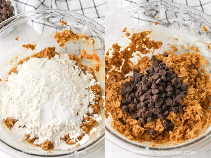 az összetevők hozzáadásának folyamata a tálba, hogy mogyoróvaj zabpálcát készítsen