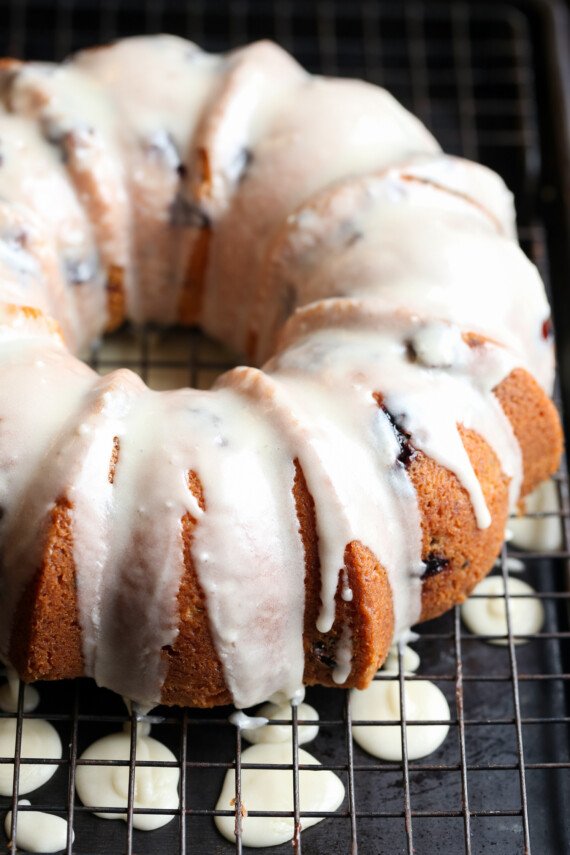 Blueberry Bundt Cake with icing drizzled on top