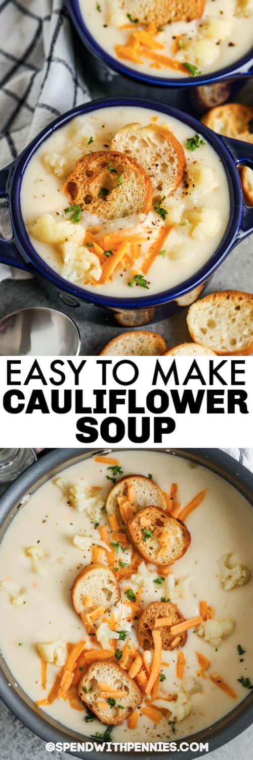 Az ízletes és könnyen elkészíthető karfiolleves tökéletes egy hangulatos napra. Díszítsük cheddar sajttal és crostinivel. # költemények # karfiolleves # leves # recept # krém # egészséges # krémes # sajtos # könnyű # krumpli # pörkölt Könnyű karfiolleves a fazékban és a címmel ellátott tálakban