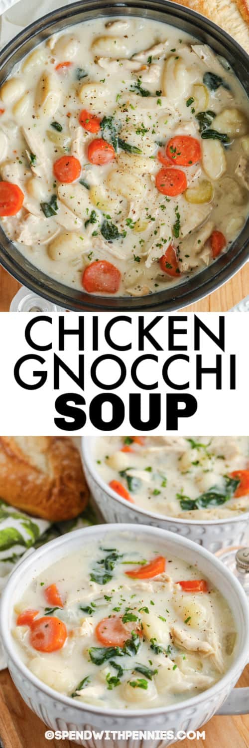A csirke Gnocchi leves egy kellemesen megnyugtató étel, amely tökéletes egy hideg napon! Melegítsd az egész családot ezzel a könnyed, ízes levessel! # költemények # csirkemellocukorleves # leves # recept # másolat # olivegarden #stovetop # sertéscsésze # instantpot # könnyű # egészséges # házi Csirke Gnocchi leves egy edényben, és címmel tálakba borítva