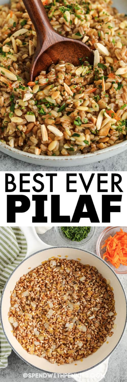 összetevők Farro Pilaf elkészítéséhez, lemezezett edénnyel és címmel