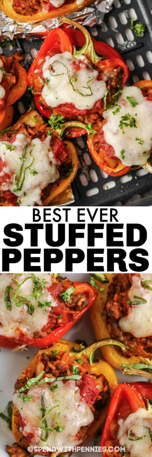 A Air Fryer töltött paprika könnyű és egészséges lehetőség a gyors hétvégi vacsorához! Zöldségek, marhahús, rizs és sajt egy tálban! # költés pennyekkel # sütőpaprikával # töltöttpaprika #egy # recept # egészséges # rizs # marhahús # könnyű # legjobb # hajszárító főtt levegős sütővel töltött paprika a légsütőben és címmel bevonva