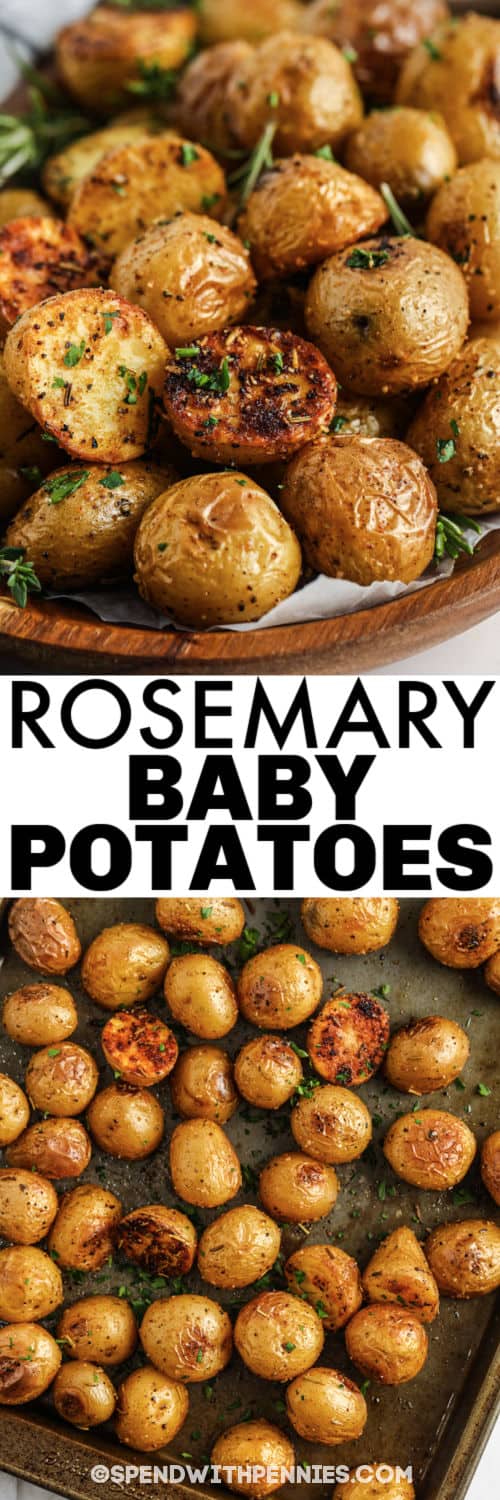 Rozmaring baba burgonya egy tepsire, és egy fából készült tálra és címre borítva