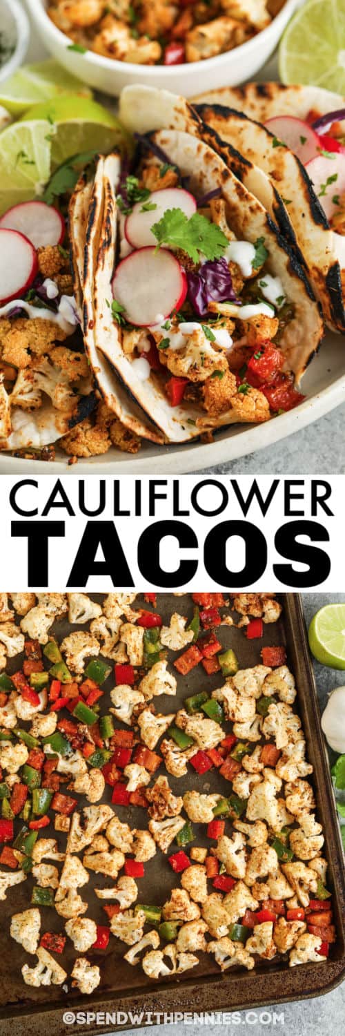 Hozzávalók egy tepsire, címkével ellátott, karfiolos Tacos lemezekkel