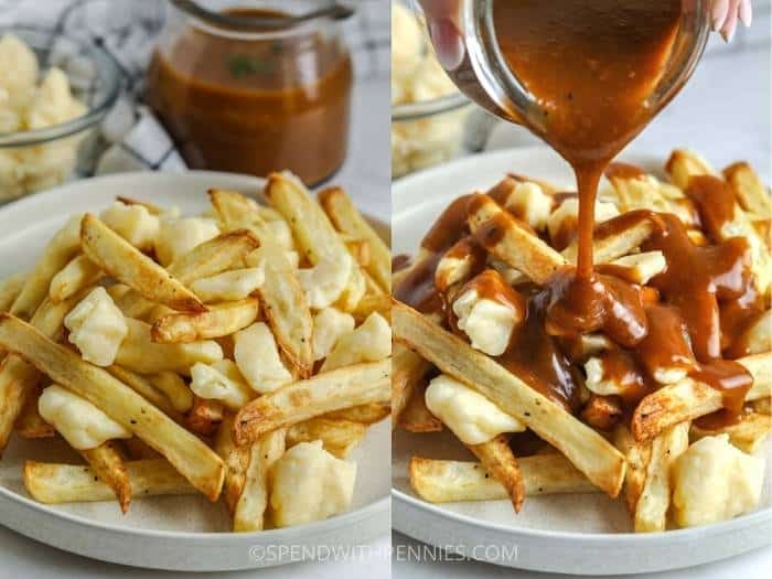 folyamat, amikor mártást öntünk krumplira, hogy Poutine-t készítsünk