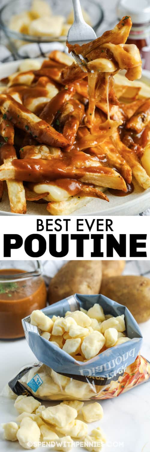 hozzávalókat, hogy Poutine-t készítsenek lemezes edénnyel és címmel