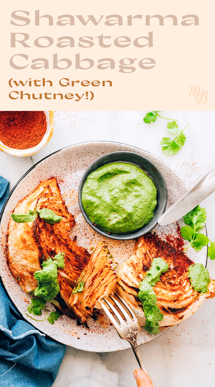 Tál vegán és gluténmentes shawarma sült káposzta zöld chutney-val