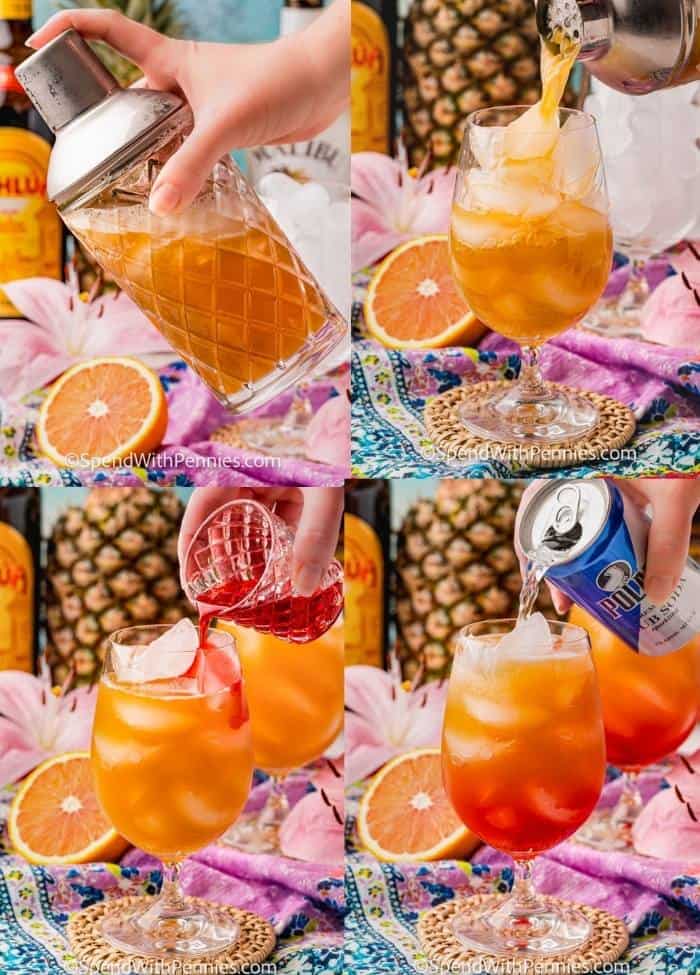 a végső összetevők hozzáadásának folyamata a csészébe a Bahama Mama koktél elkészítéséhez