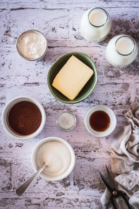 Ingredients for easy chocolate pudding.