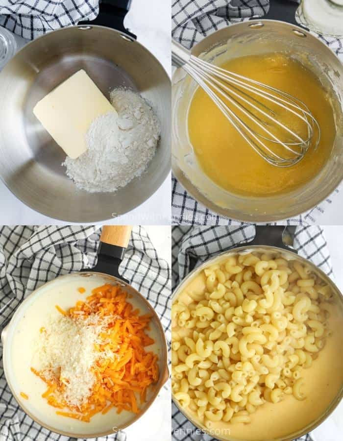 az összetevők hozzáadása a fazékhoz, hogy 15 perc Mac és sajt készüljön