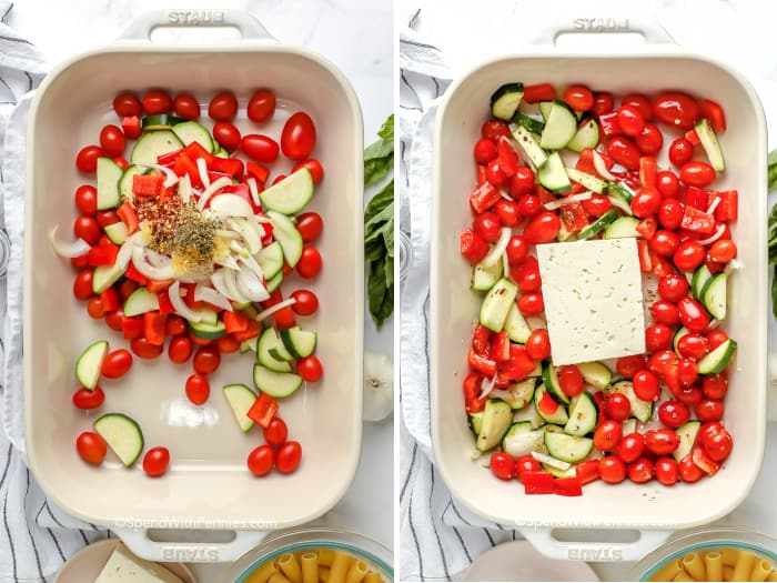 Ez a finom variáció a virális tiktokban sült feta tésztában biztosan tetszeni fog. Pörkölt zöldségekkel készült, egyszerű és jobb, mint az eredeti! #spendwithpennies #fetapasta #fetapastarecipe #baked #tomato #tiktok #viral #creay #cherrytomato # easy #onepan #howtomake #oven #baked folyamat a sült zöldséges feta tészta hozzávalóinak hozzáadásához a serpenyőben