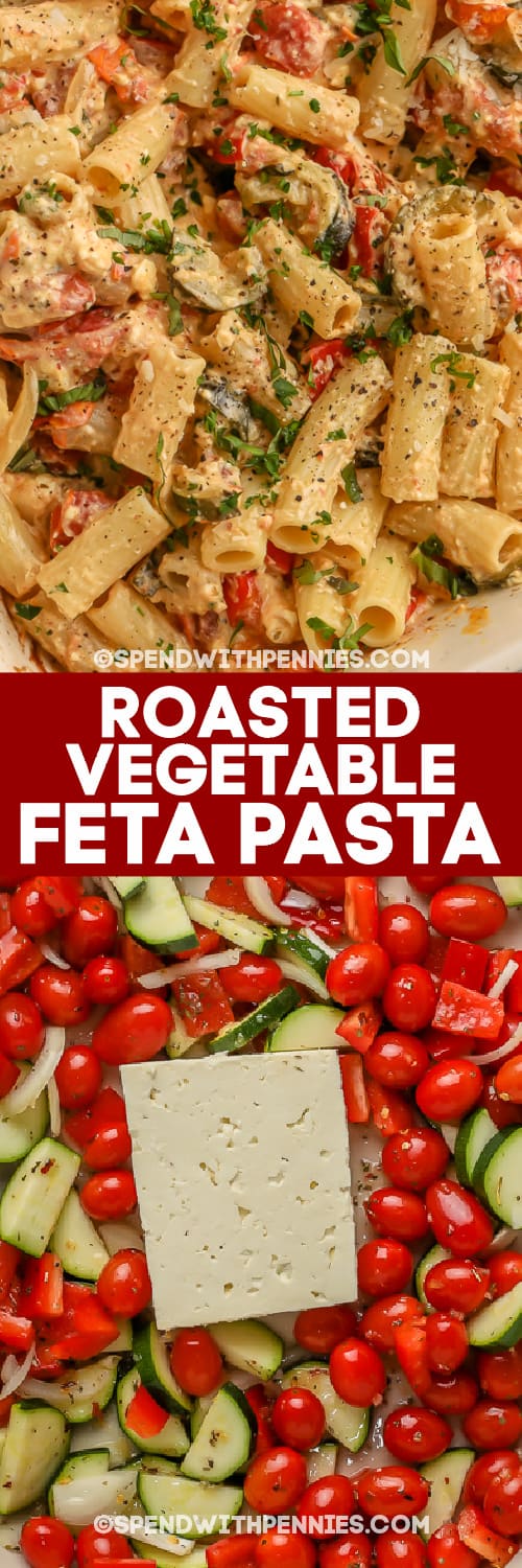 A sült vega Feta tészta tele van egészséges zöldségekkel és sós feta sajttal. Ez a gazdag és krémes tésztaétel tökéletes hús nélküli hétfőhöz! #spendwithpennies #fetapasta #fetapastarecipe #baked #tomato #tiktok #viral #creay #cherrytomato # easy #onepan #howtomake #oven #baked kész sült zöldséges feta tészta és összetevők szöveggel