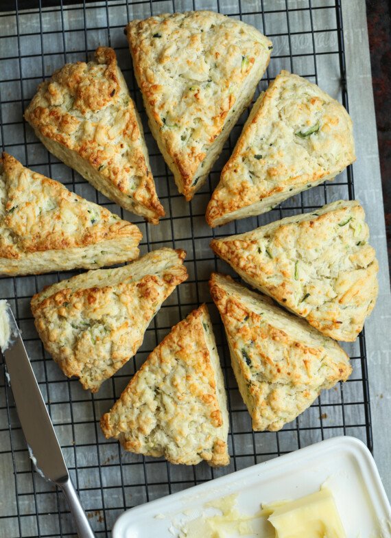 Scones cut into wedges on a cooling rack from above