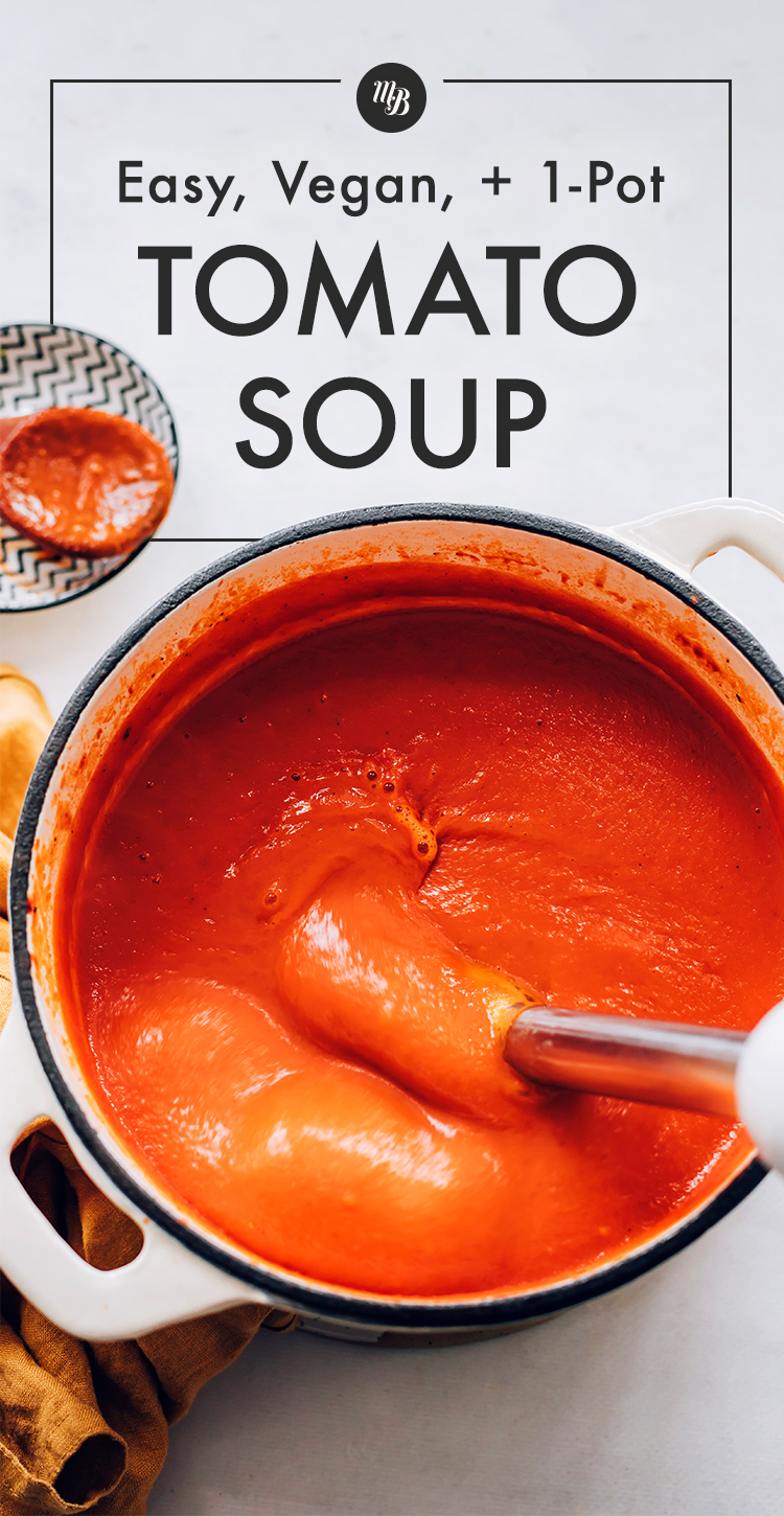 Egy edényben vegán paradicsomleves, merülő turmixgéppel