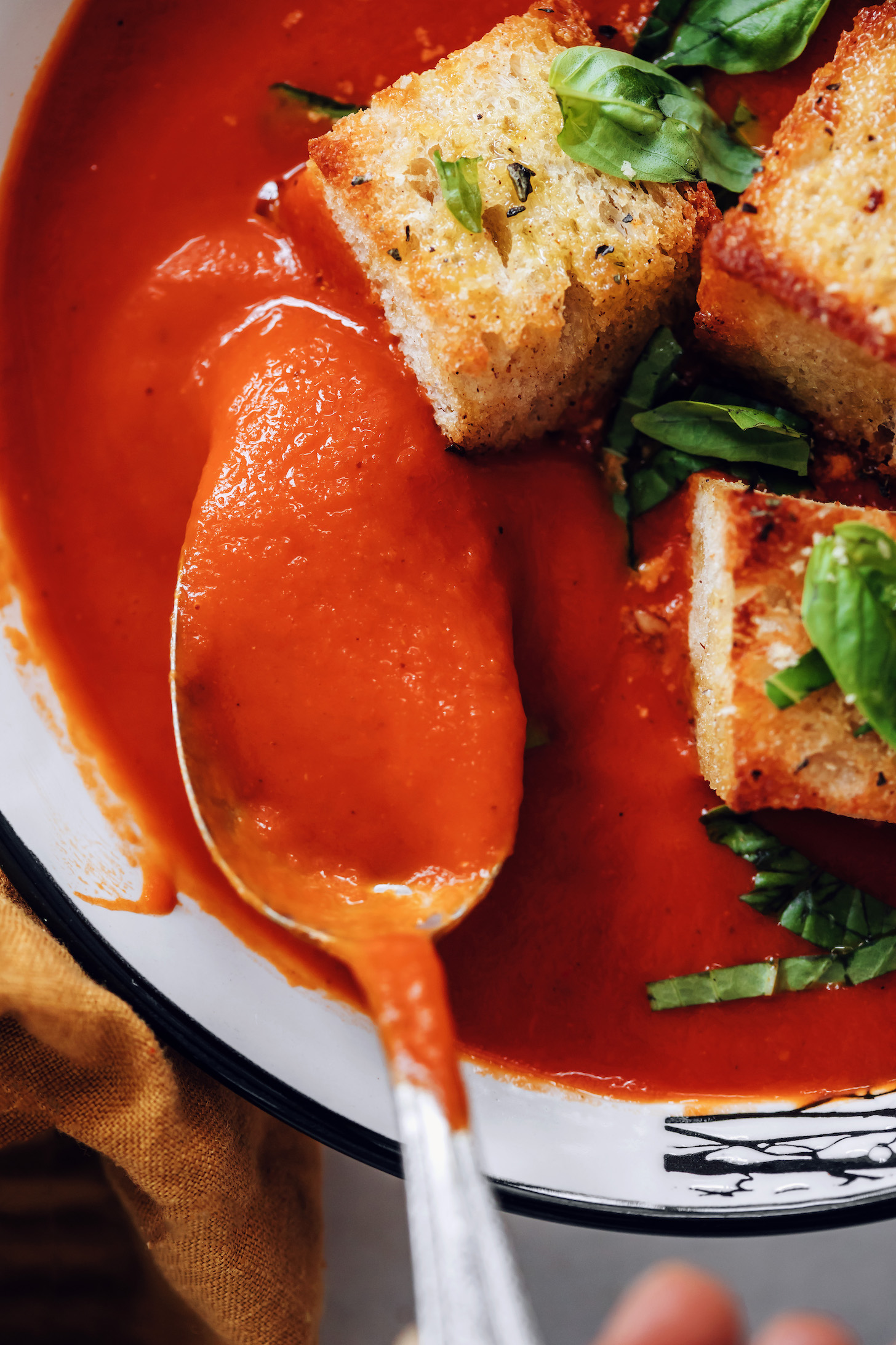 Közelről lövés egy kanál tejszínes paradicsomleves