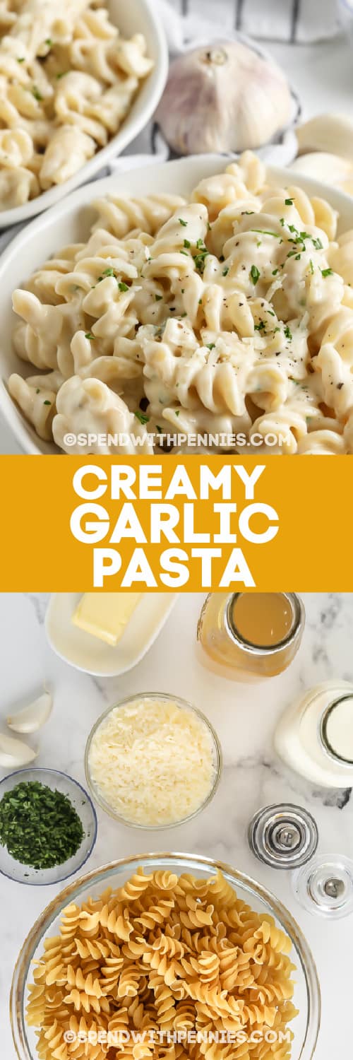 krémes fokhagymás tészta és hozzávalók szöveggel