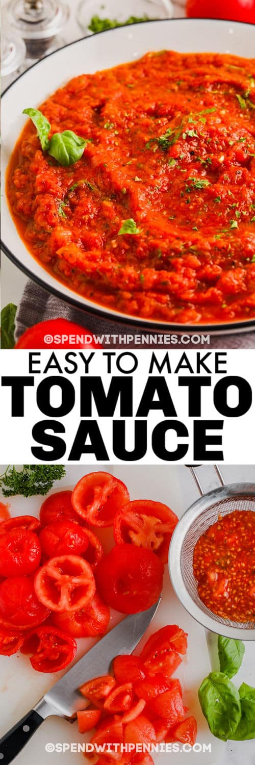 ingredients to make Fresh Tomato Sauce with finished dish and a title
