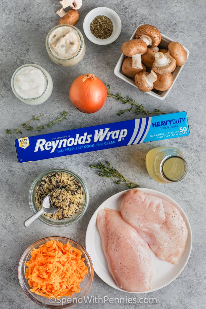 ingredients and Reynolds wrap to make Chicken and Wild Rice Casserole