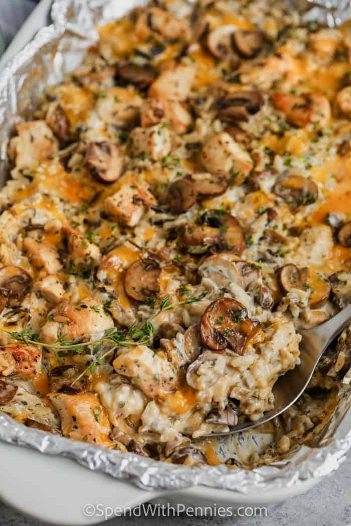 Chicken and Wild Rice Casserole with a spoon inside