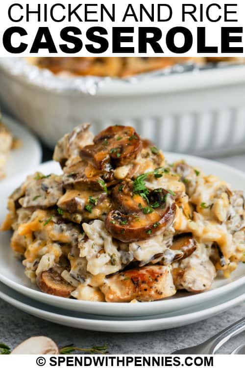 plated Chicken and Wild Rice Casserole with writing