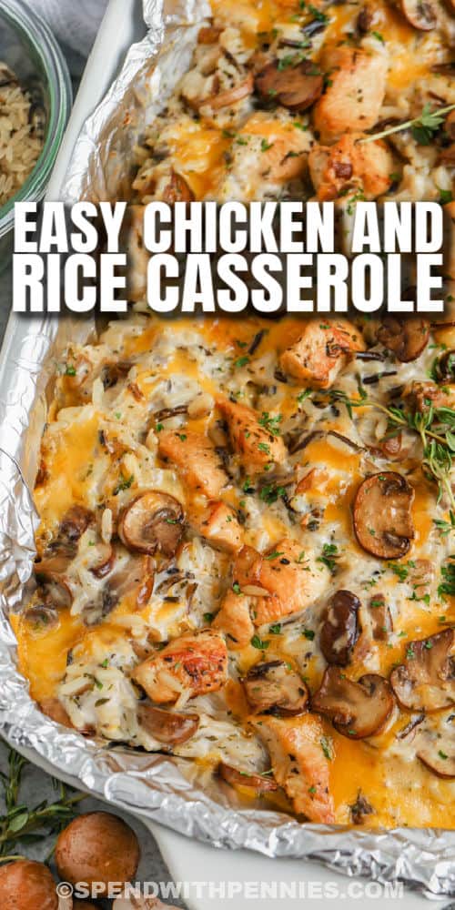 close up of Chicken and Wild Rice Casserole in a dish with a title