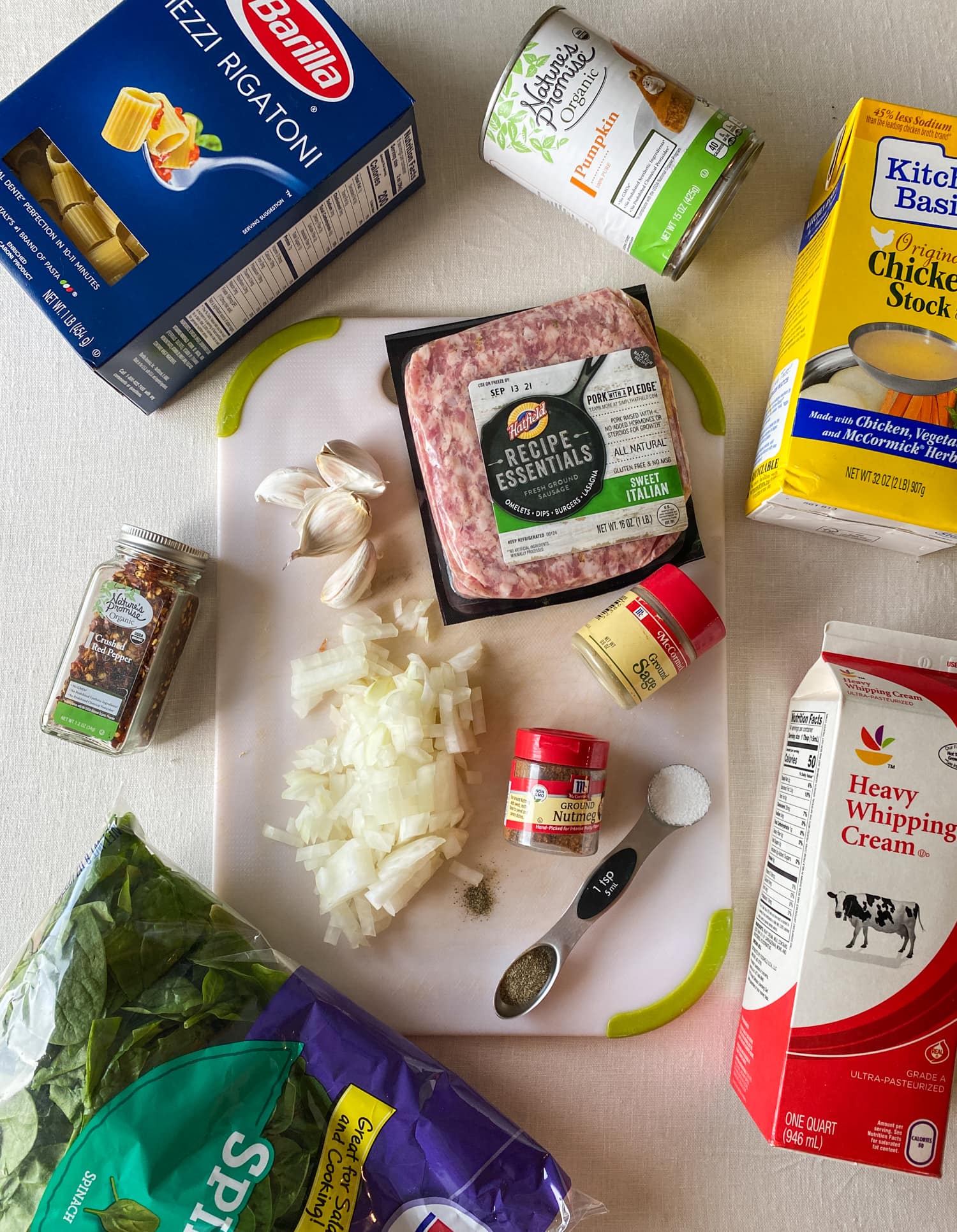 Ingredients for pumpkin sausage pasta.