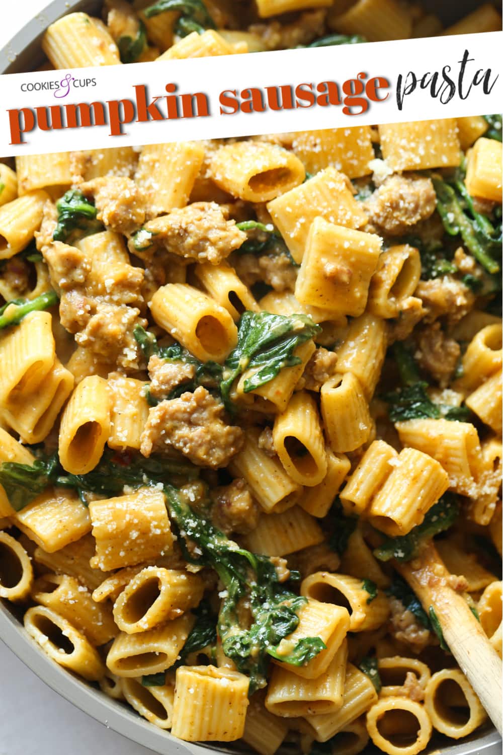 Pinterest image for pumpkin sausage pasta.