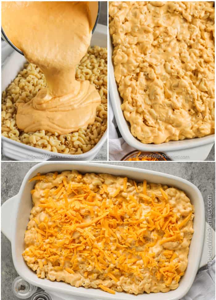 Assembling mac and cheese casserole