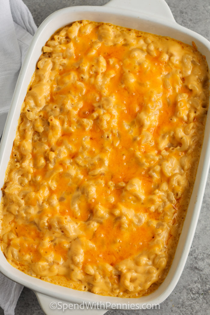 cooked Homemade Mac and Cheese Casserole in the dish