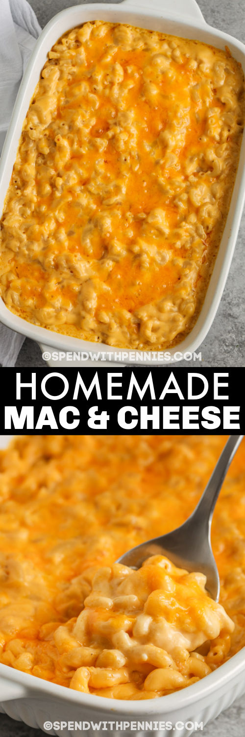 cooked Homemade Mac and Cheese Casserole in the dish and taking a spoon full out with a title