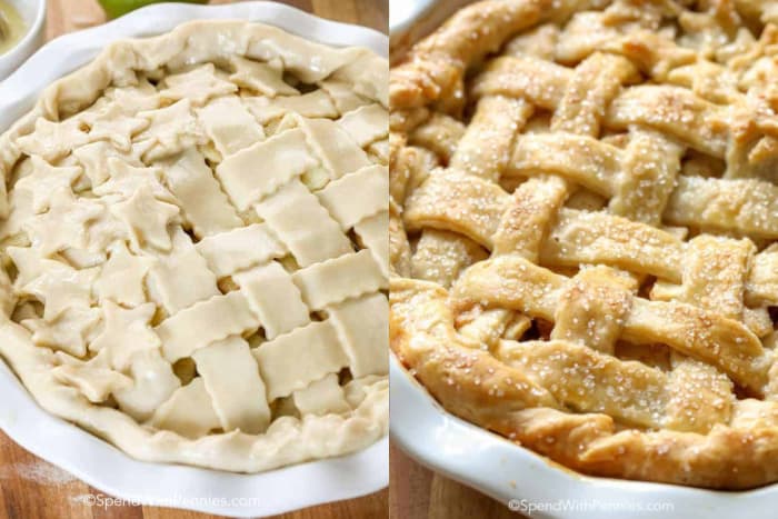 Not baked and baked apple pie in a pie plate