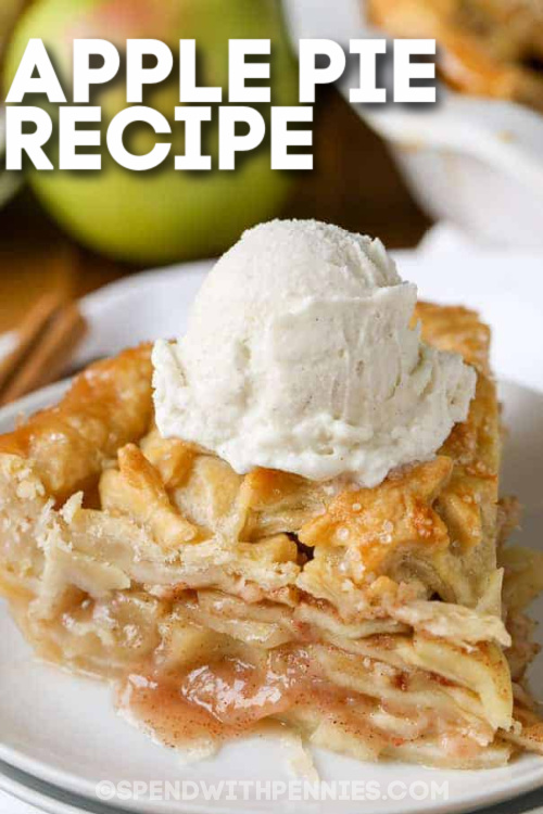 A slice of apple pie with text