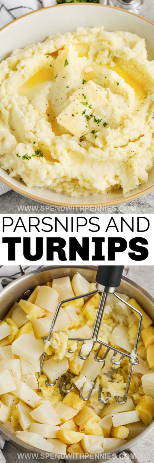 mashing Mashed Parsnips and Turnips and plated dish with a title