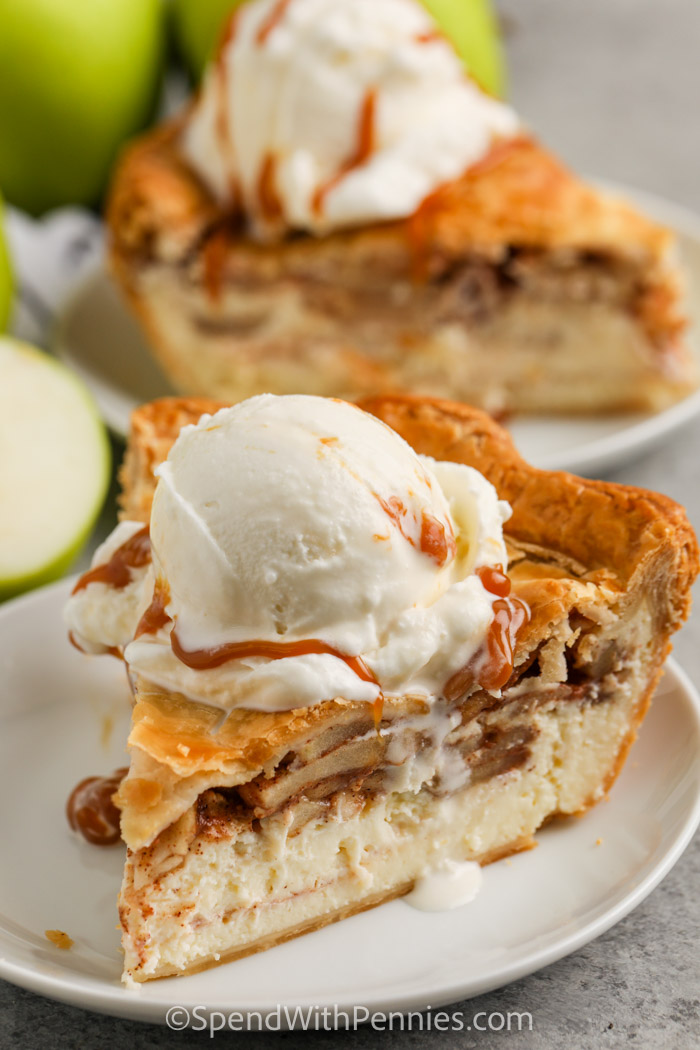 piece of Cheesecake Apple Pie with ice cream and caramel sauce