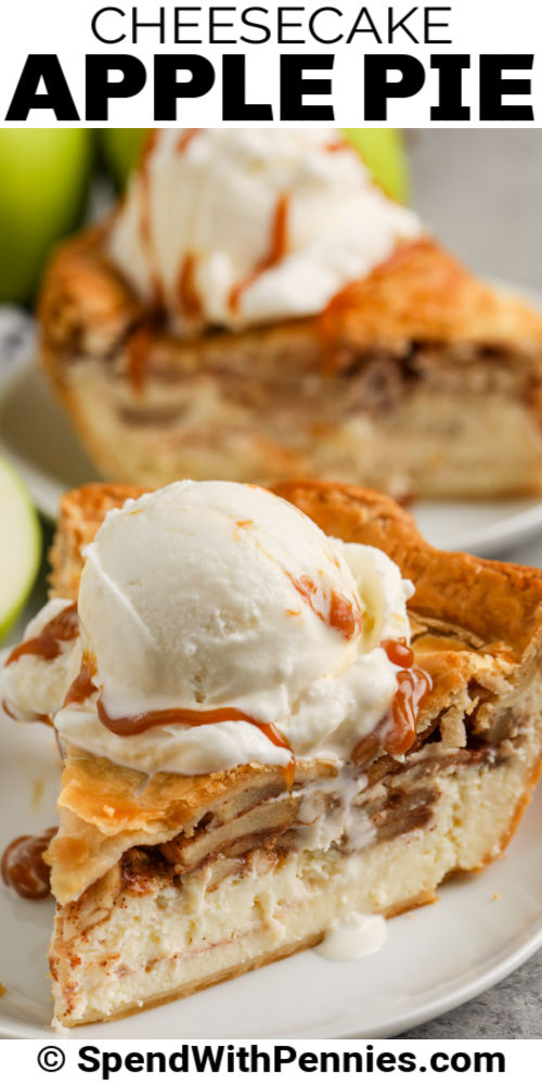 piece of Cheesecake Apple Pie on a plate with a title