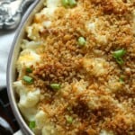 A shot of a baked cauliflower casserole topped with breadcrumbs and garnished with green onion.