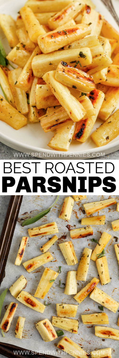 Maple Roasted Parsnips on the baking sheet and plated with a title
