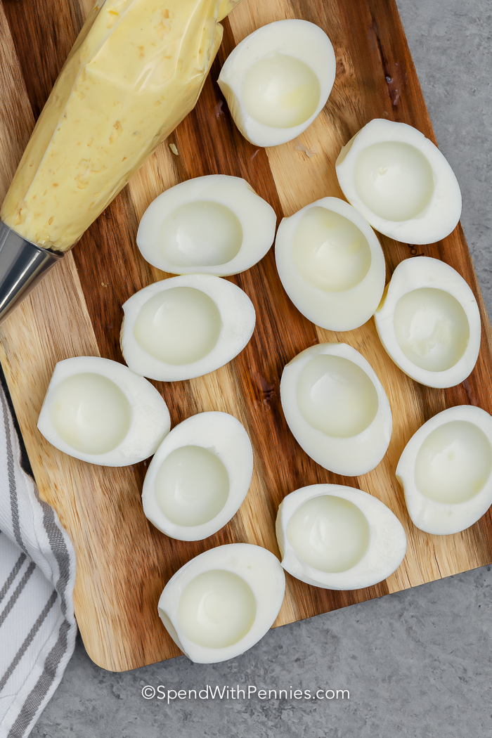 close up of eggs and filling to make Classic Deviled Eggs