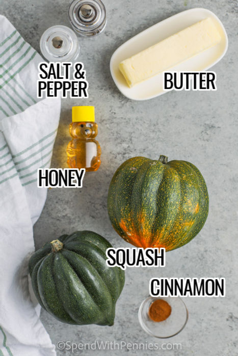 Honey Butter Roasted Acorn Squash ingredients with labels