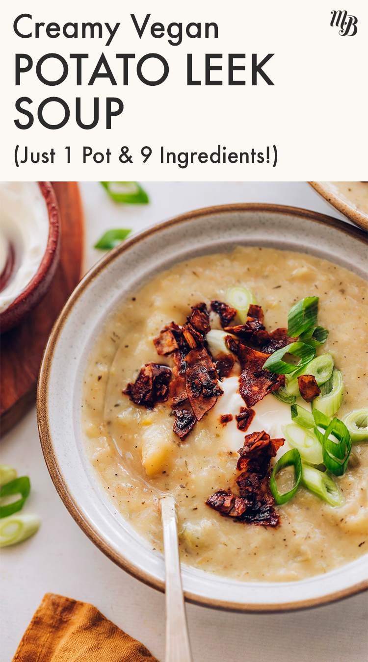 Spoon in a bowl of creamy vegan potato leek soup